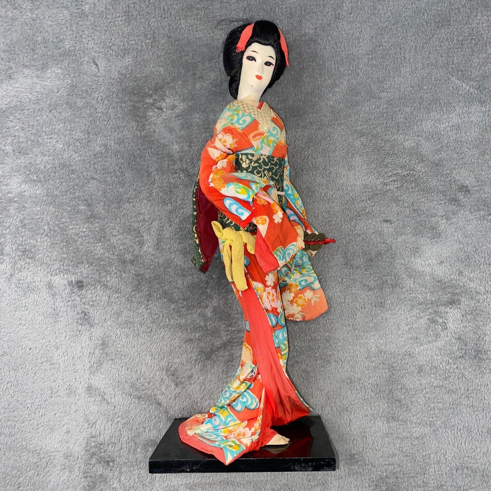 Vintage Japanese Geisha Doll Female 17 in Red Floral Silk Kimono Traditional